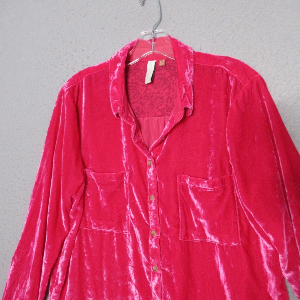 Pilcro Anthropologie 10 Pink Velvet Shirt Boho Bright Button Statement Luxe